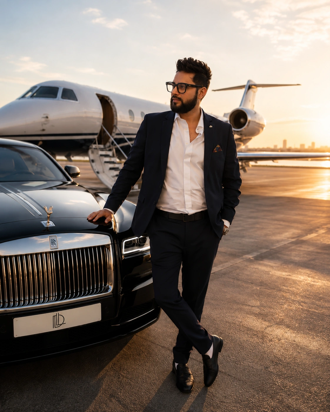 Dhawal Laheri beside a car and aircraft at sunset