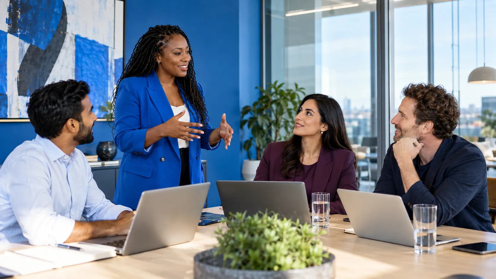 Corporate professionals meeting in a bright contemporary workspace