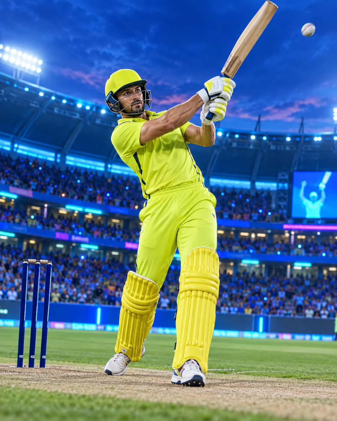Cricket batter in yellow following through on a shot beneath stadium floodlights